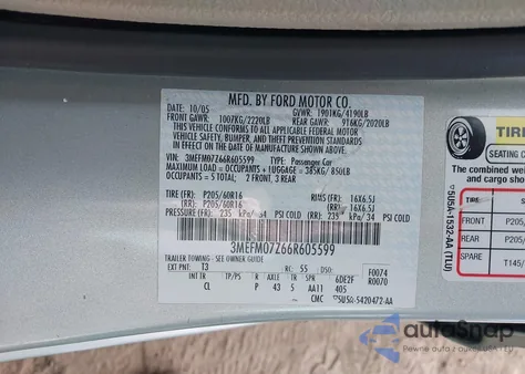 2006 Mercury Milan I4 from USA, damaged, VIN 3MEFM07Z66R605599